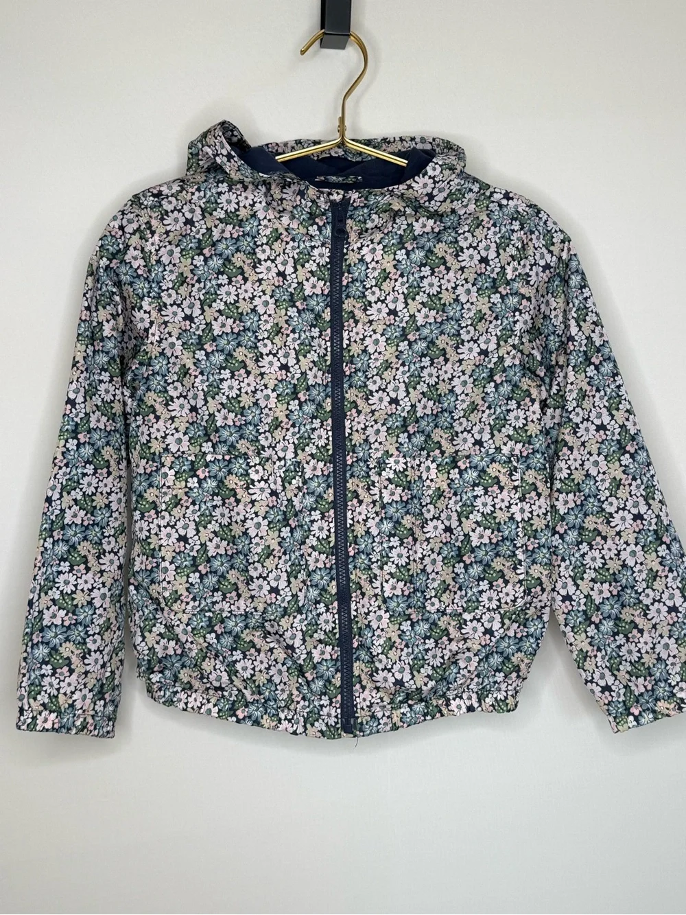 GAP Girls Floral Hooded Rain Jacket - Navy, Green, White